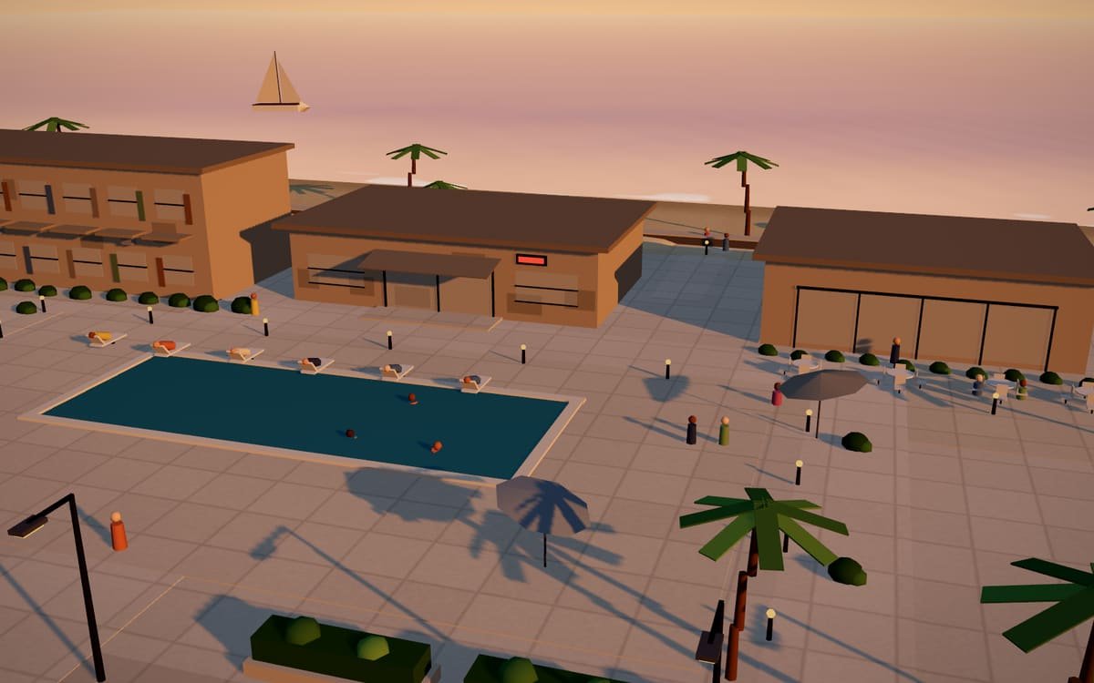 El resort en la semana 1: edificios sin renovar, alberca apagada y terraza con mesas de plástico