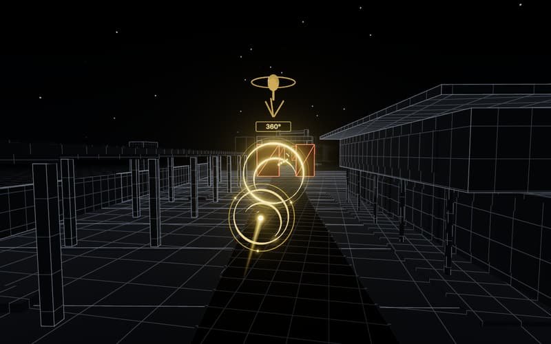 Aro de captura con el emblema de la cámara 360° sobre la retícula de la villa