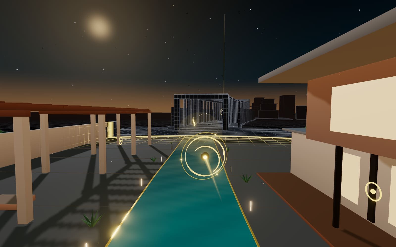 Vista de Digitaliza el Mundo: el isotipo LUM360 vuela sobre una villa que pasa de retícula sin digitalizar a arquitectura iluminada