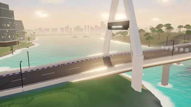 Puente atirantado blanco sobre el agua turquesa del Caribe, con la ciudad al fondo