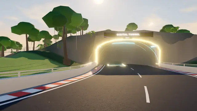 Entrada del Digital Tunnel: un portal de luz dorada excavado en la colina