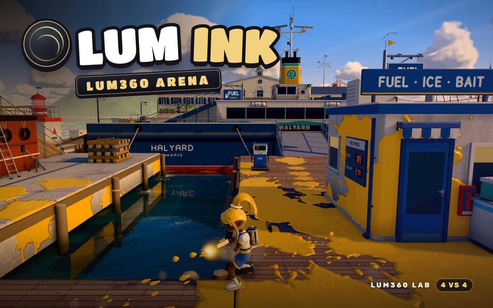 LUM INK: el equipo oro de LUM360 pinta una plaza frente al mar contra el equipo violeta, con el isotipo de LUM360 y el logotipo del juego