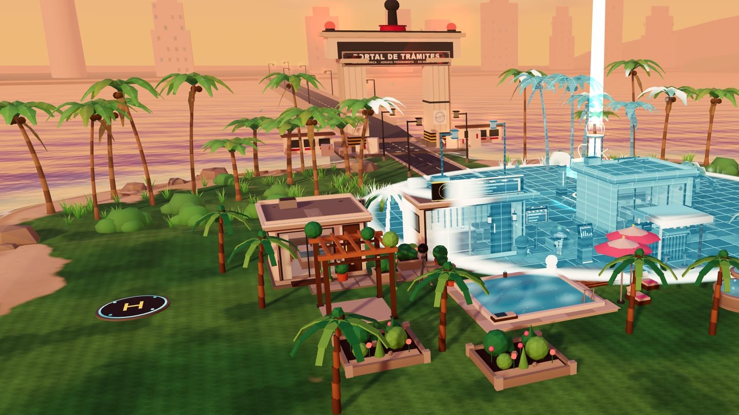 Escena real de LUMCRAFT: una villa tropical modular de estuco blanco, cristal y madera con alberca y palmeras al atardecer, el LUM CORE dorado activo y la capa azul del Digital Twin revelándola