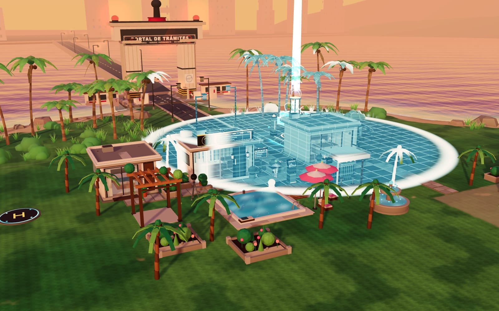 LUMCRAFT — BUILD & DEFEND: una villa tropical modular con el LUM CORE al atardecer, con la capa azul del Digital Twin revelándose