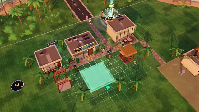 Modo obra de LUMCRAFT: la cámara elevada sobre el solar, la cuadrícula visible y una alberca fantasma en verde, lista para colocarse junto a la recepción