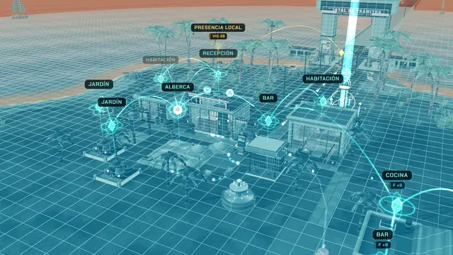 El Digital Twin de LUMCRAFT encendido: la villa completa vista desde arriba con la capa digital azul sobre las estructuras, el camino y el LUM CORE