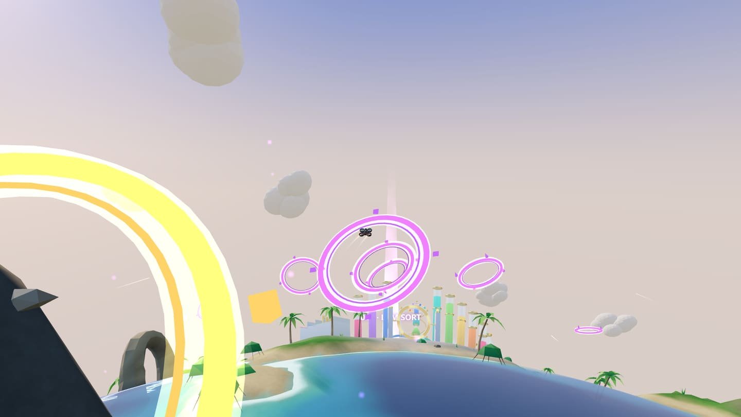 Escena real de LUMVERSE: el dron FPV de LUM360 vuela hacia un aro dorado sobre un pequeño planeta tropical, con plataformas de aterrizaje luminosas al fondo