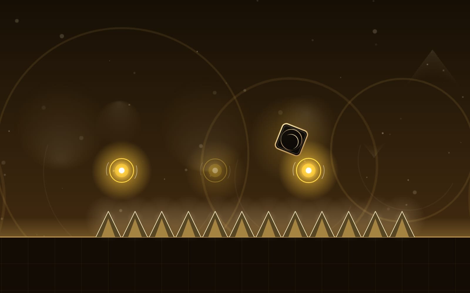 LUM360 Dash: el isotipo dorado de LUM360 como cubo de ritmo saltando pinchos de cristal en un nivel iluminado de oro y negro