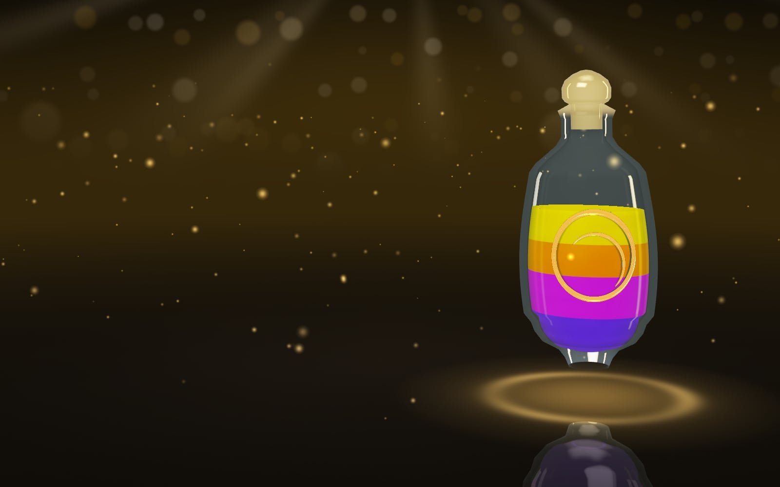 LUM SORT: el frasco LUM Flask, de cristal con el isotipo grabado en oro y capas de líquido de colores, flotando sobre un anillo de luz dorada