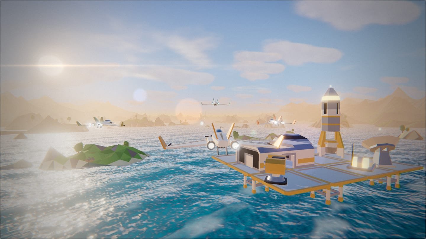 Escena real de STAR LUM: la nave ORBIT-01, blanca con molduras doradas, vuela sobre el mar junto a la base costera de LUM360