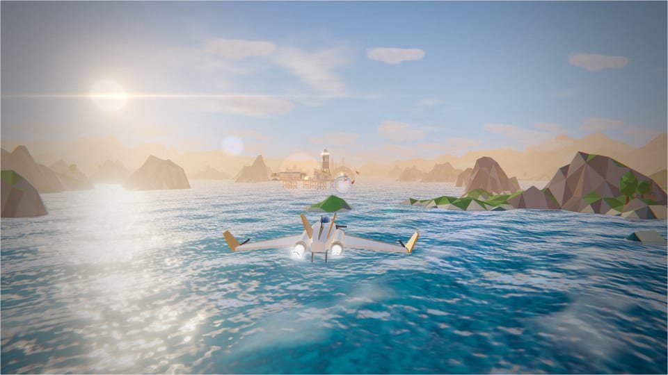 La costa: la ORBIT-01 vuela sobre el mar entre islas, con oleaje y espuma